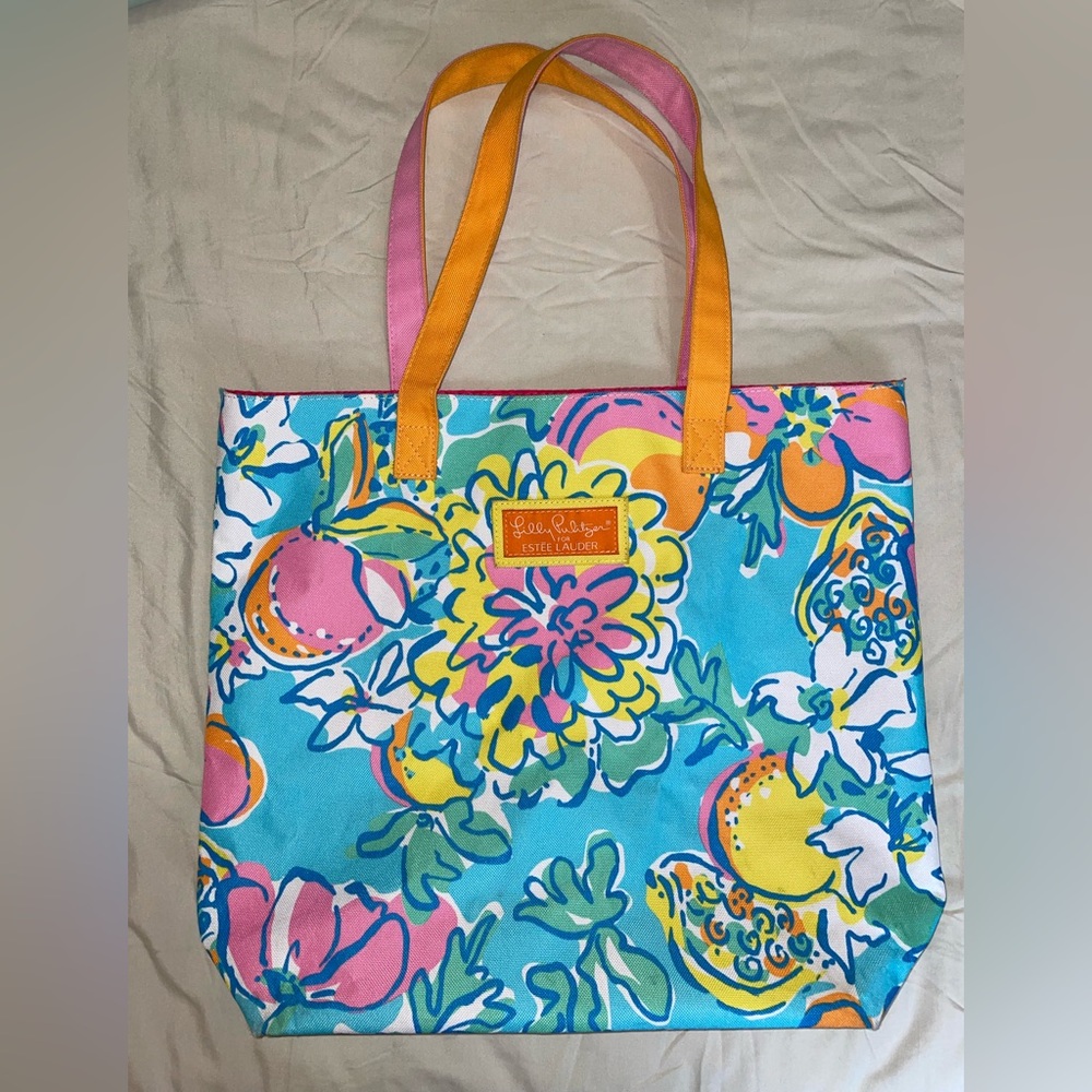 Lilly Pulitzer Estée Lauder Tote Bag - Blue and Pink Floral Citrus Print